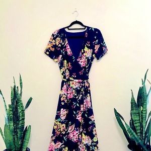Navy blue floral maxi wrap dress